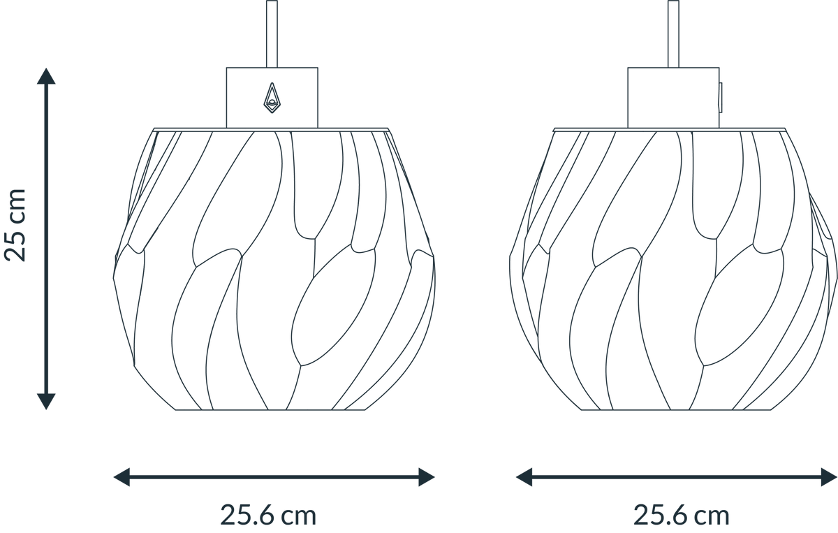 Maattekening van de hanglamp: 25 cm hoog en 25,6 cm breed.