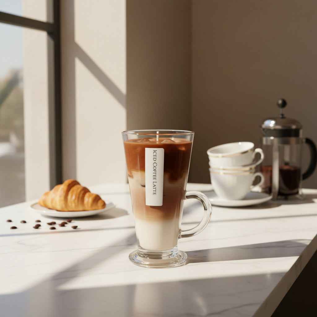 Iced Coffee Latte geurkaars van Karamela Kaarsen met latte-lagen en ijsblokjes van was