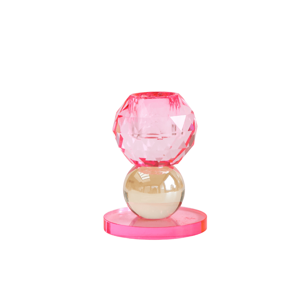  Deze elegante glazen kandelaar combineert een verfijnde roze tint met een glanzende gouden bol, waardoor een speels en stijlvol geheel ontstaat. 