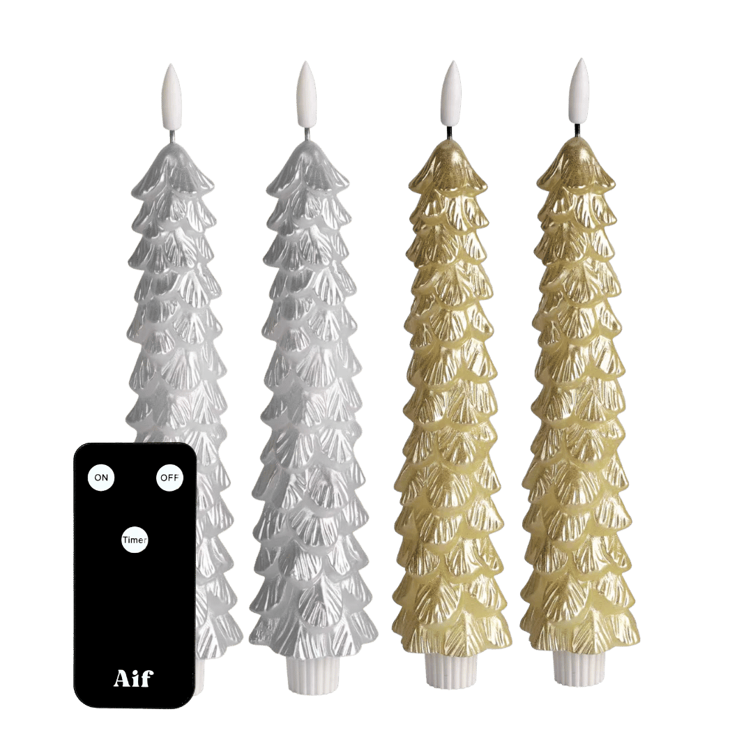 Deze feestelijke set combineert twee zilveren en twee gouden kerstboomvormige ledkaarsen, die samen zorgen voor een stijlvolle en warme uitstraling. 