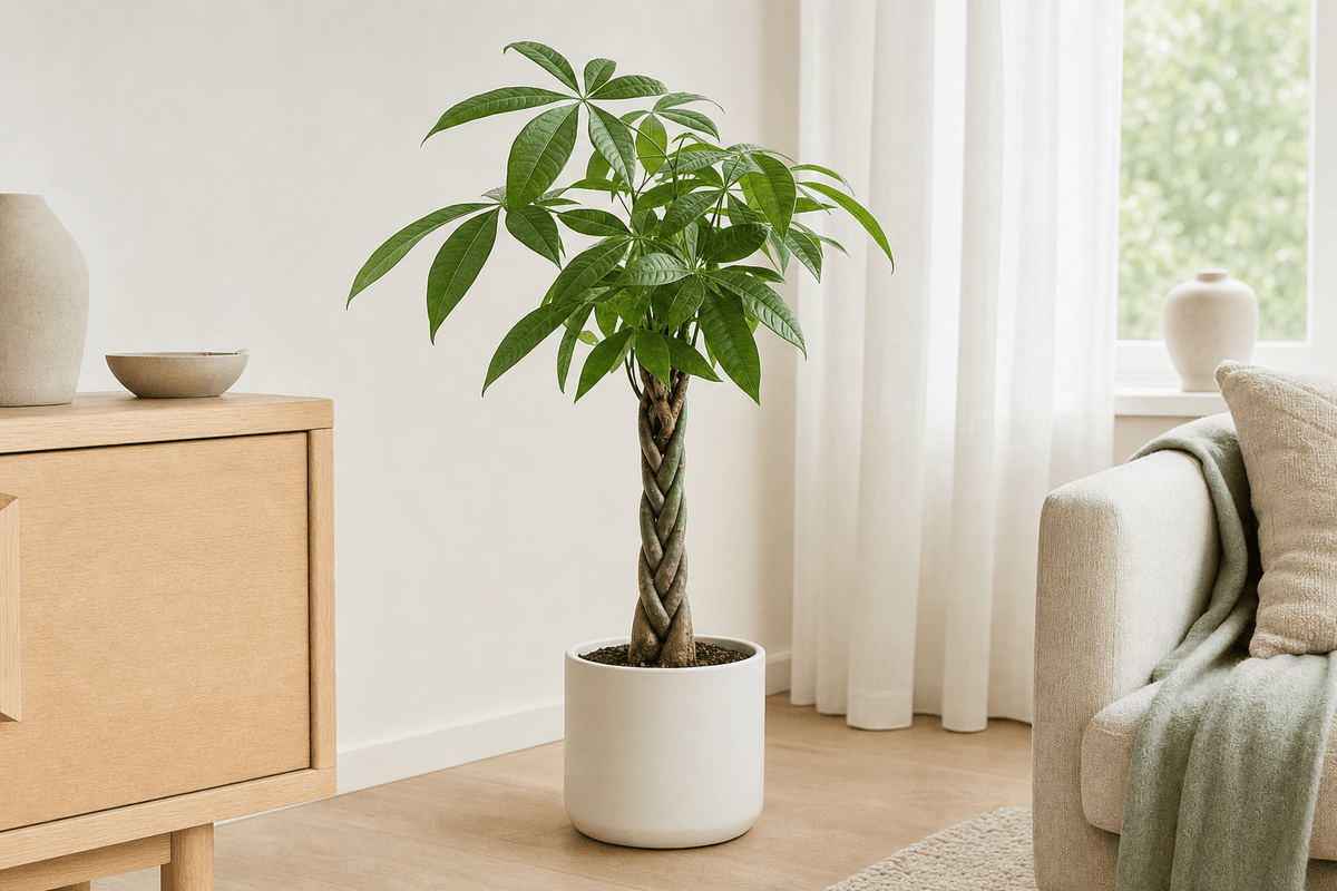 Geldboom met gevlochten stam in een witte pot naast een houten dressoir bij het raam.