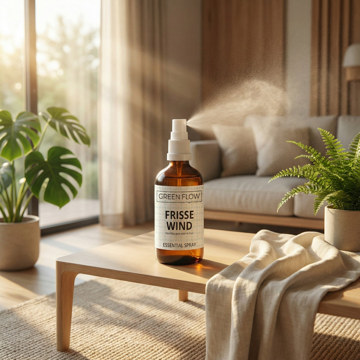 Bruin glazen verstuiver op een lage houten tafel in een woonkamer met kamerplanten en een linnen plaid.