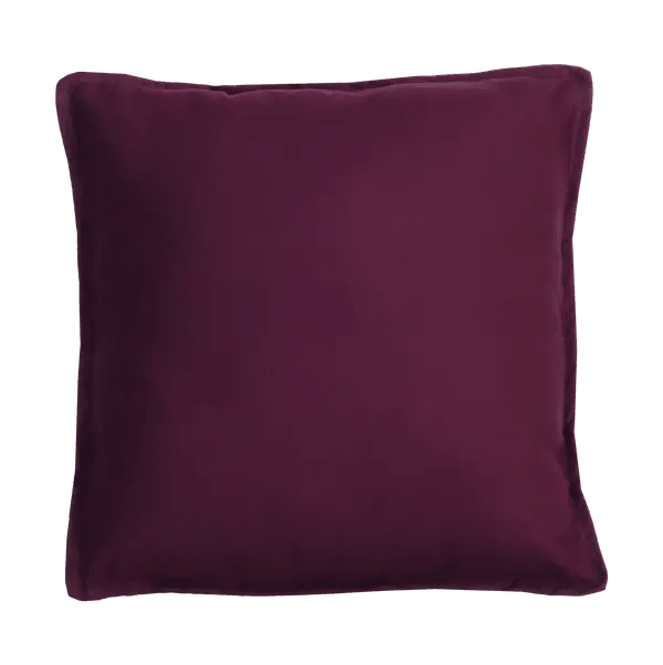Vierkant sierkussen van aubergine katoenen canvas met een smalle platte rand.