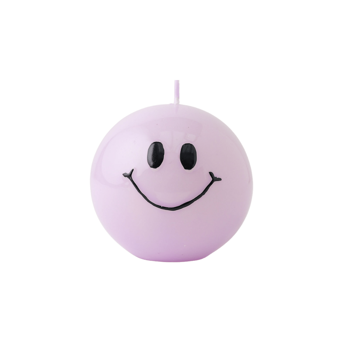 Handgemaakte bolkaars paars rond met een zwart smiley gezicht erop.