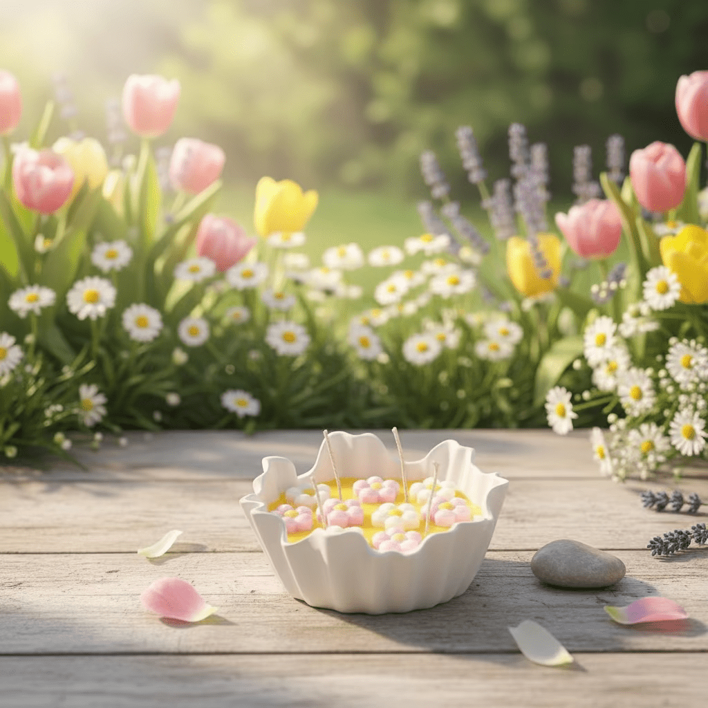 Spring Garden sojakaars met lentebloemen in roze, wit en geel op een gouden wasbasis