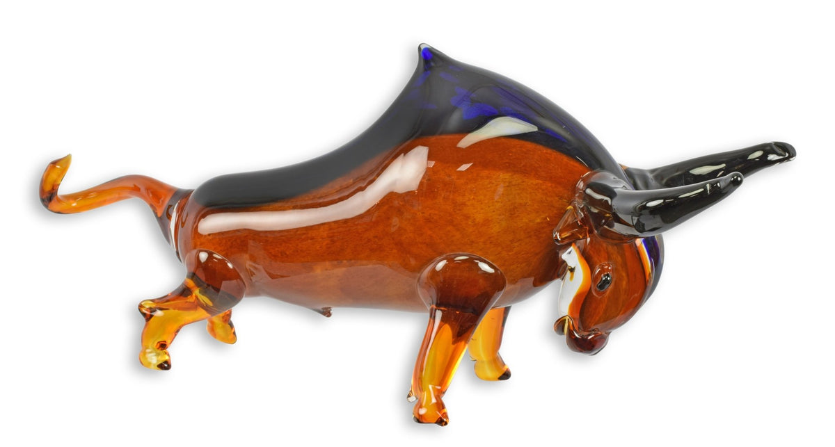 Stier amber-blauw glazen beeld murano-stijl 70 cm lang