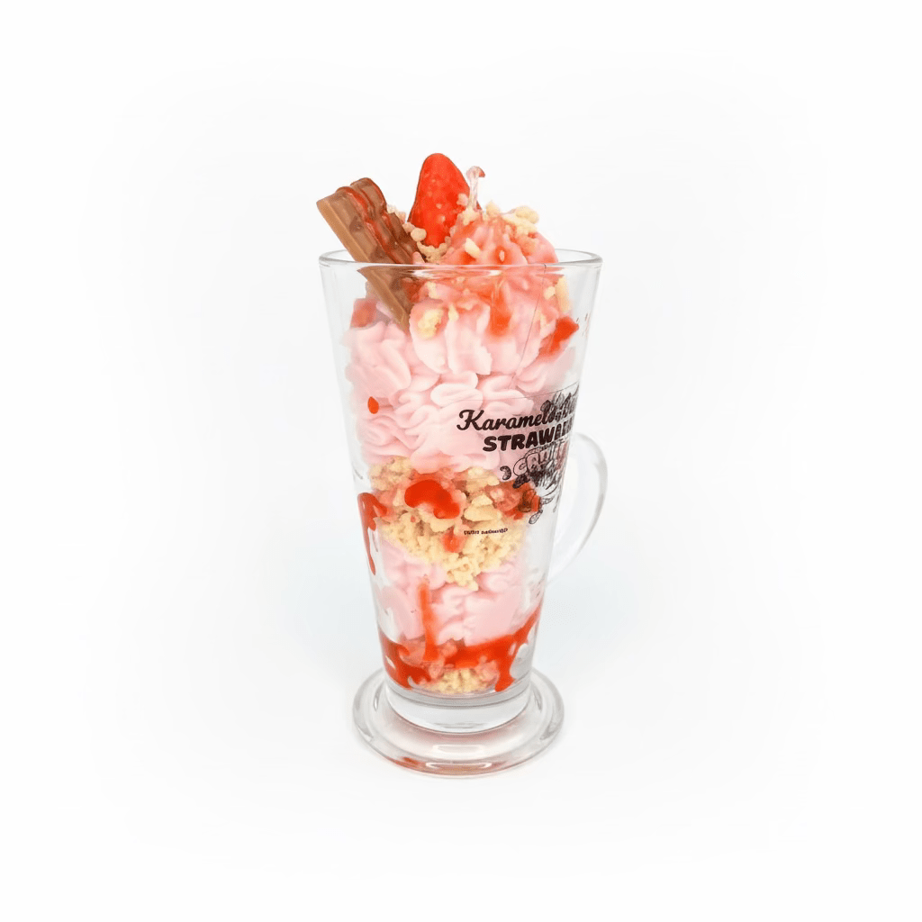 Handgemaakte Strawb Crunch dessert kaars die met zijn aardbeiengeur een warme sfeer in huis brengt