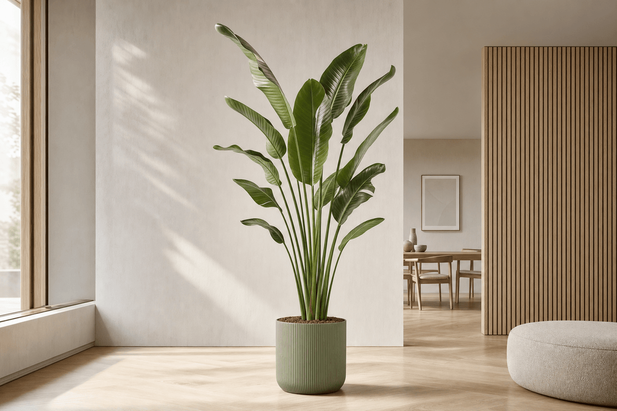 Paradijsvogelplant in een groene pot tegen een lichte wand in een woonkamer.