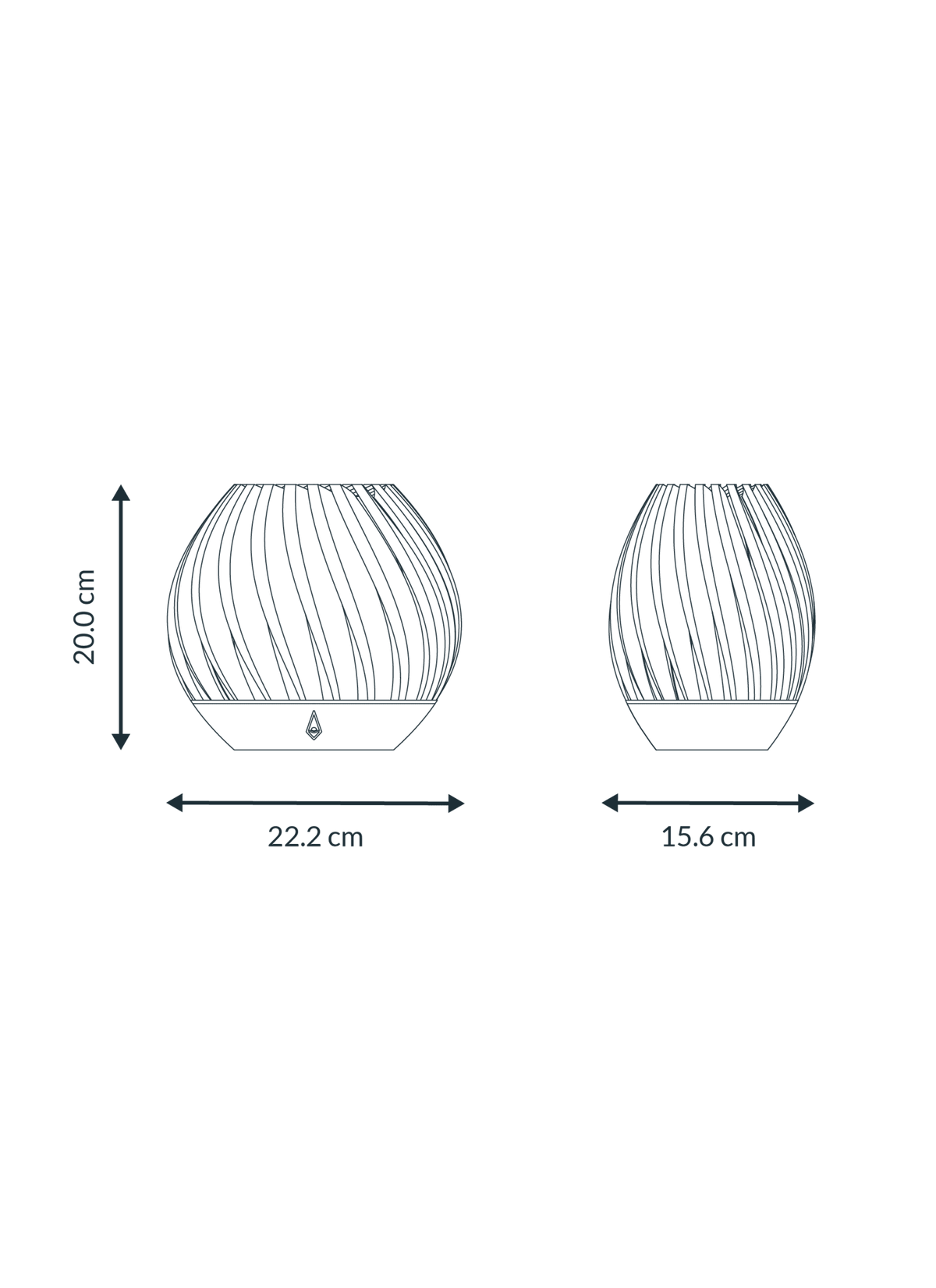 Maattekening van de brede tafellamp: 20 cm hoog, 22,2 cm breed en 15,6 cm diep.