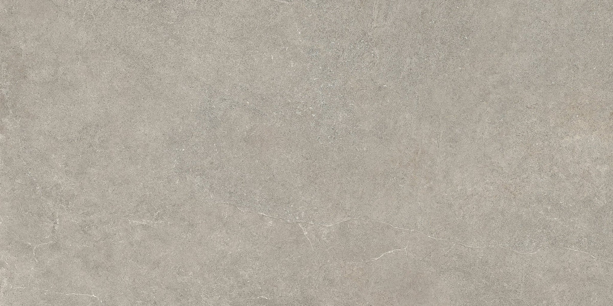 Detail van een taupe kalksteenlook vloertegel met matte afwerking.